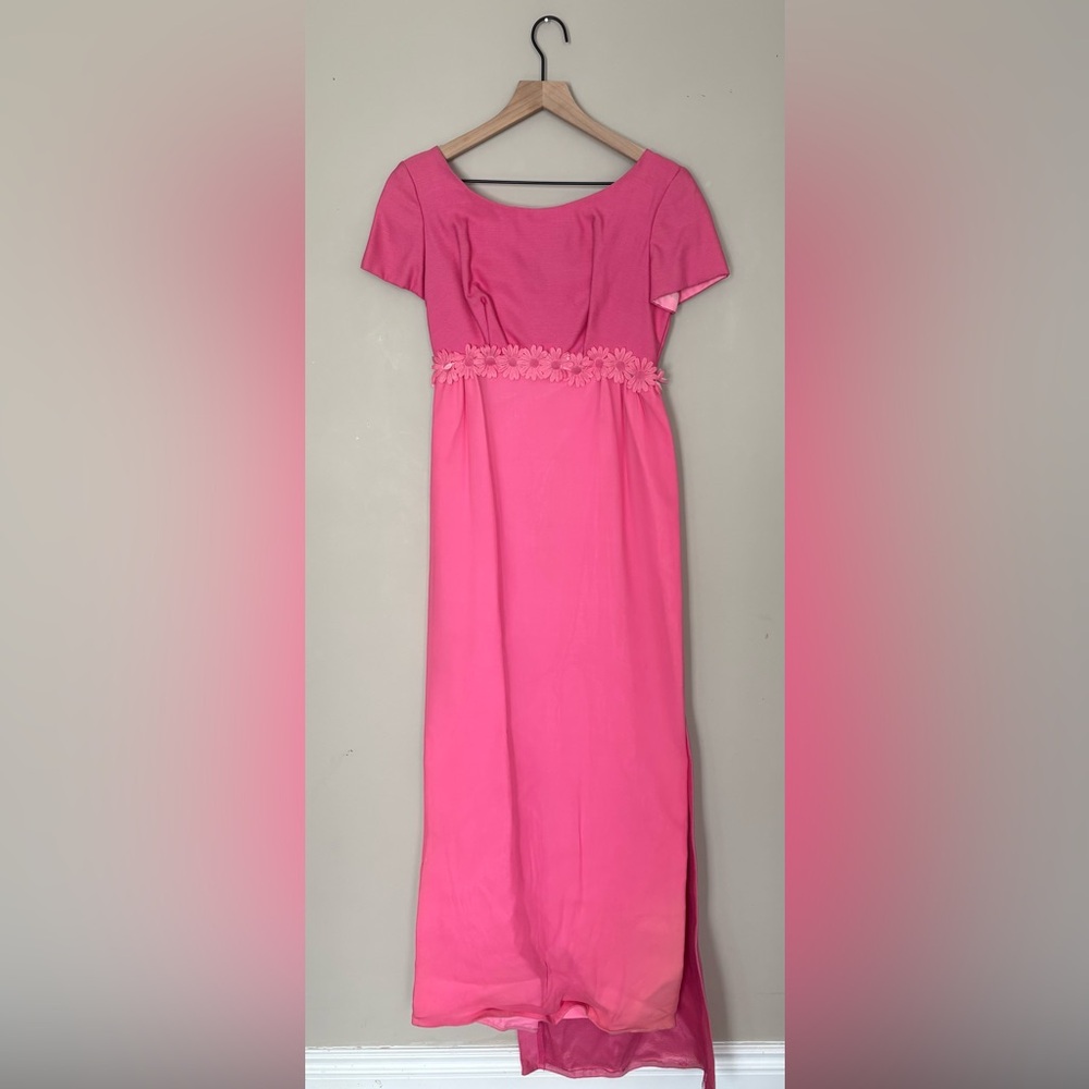 Vintage 70s Pink Prom Dress empire waist flower maxi long train cape bow
